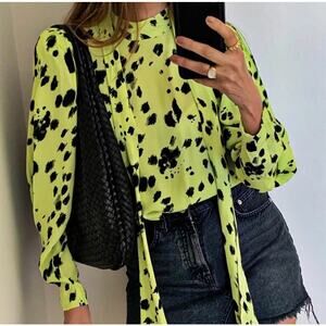 ASOS White High Neck Open Back Green With Abstract Splodge Black Print Size 6